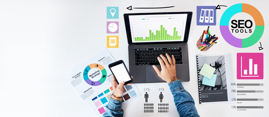 Laptop, seo infographic and person working with statistics and data analysis on mobile app for...