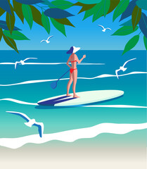 A young lady standing on a sup board in the sea flat vector illustration