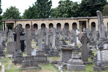 Fototapeta premium Brompton cemetery in London UK. Picturesque old cemetery in summer day. 