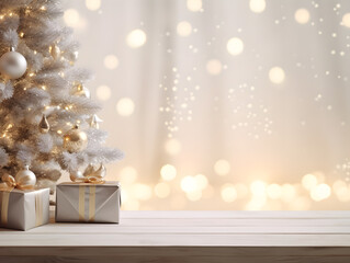 White table with blurred bokeh Christmas tree lights background 