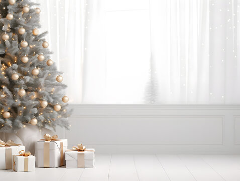 White and gold Christmas theme living room with blurred window and curtains