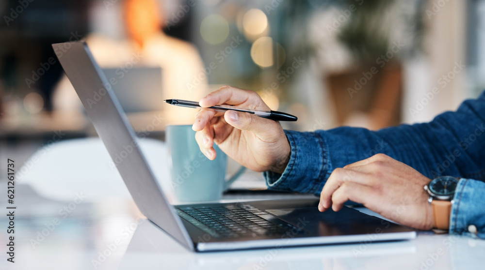 Poster laptop, schedule and hands of a planner writing on a website, project or planning a strategy for a c