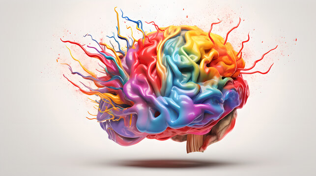 Creativity concept with a brain exploding in colors on white background, concept creative idea