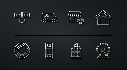 Set line Collar with name tag, Tennis ball, Dog house, Cage for birds, Bandage plaster, Veterinary ambulance, Hamster wheel and hospital icon. Vector