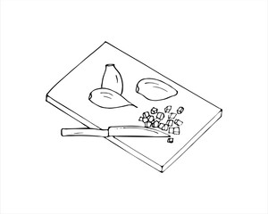 hand-drawn chopped garlic on a cutting board and a knife, vector illustration on white background
