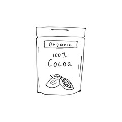 Hand-drawn cocoa powder in pack, isolated vector illustration