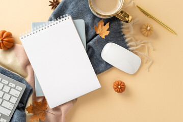 Working from home in autumn concept. Top view photo of notepad with gilded pen, keyboard and mouse,...