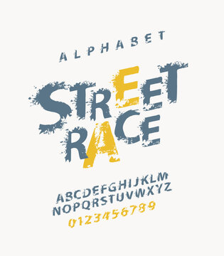 STREET RACE lettering with spots in grunge style. Splash Alphabet, vector set of abstract alphabet letters and numbers on a light background. Creative font for headline, poster, label, logo