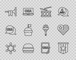 Set line Hexagram sheriff, American flag, Drum and drum sticks, Burger, Trumpet, Cake, USA on graphic tablet and Independence day icon. Vector