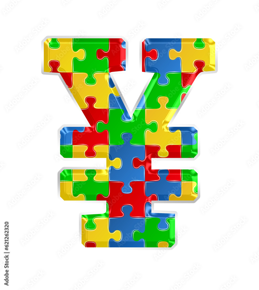 Fototapete Colorful puzzle yen currency symbol isolated on transparent background. This is a part of a set which also includes letters, numbers, and shapes.
