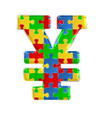 Colorful puzzle yen currency symbol isolated on transparent background. This is a part of a set which also includes letters, numbers, and shapes.
