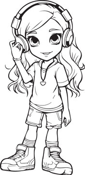 Kid Coloring book character of sweet girl listening songs, headphones on, black outline only, 100% editable colorable
