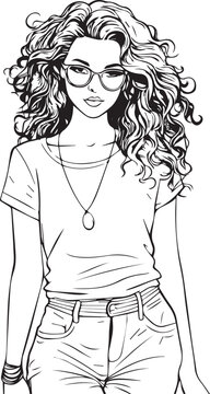 Kid Coloring book character of curly hair girl with necklace and glasses on, black outline only, 100% editable colorable