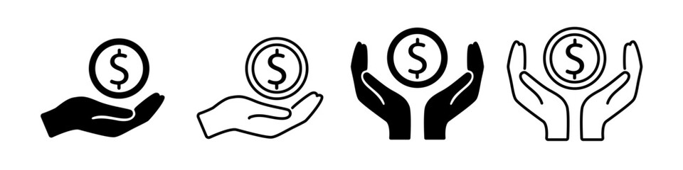 Set of icons of money in hands. Vector icons of money in the palms on an isolated background. Vector EPS 10