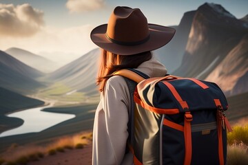 Rear view of female hiker with backpack looking out over a landscape. 