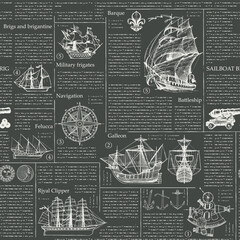 seamless vector pattern background with drawings on the theme of sailing ships and sea travel and adventure. magazine or newspaper page. suitable for wallpaper, wrapping paper.