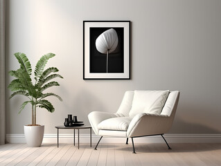 A modern style room with an armchair, a table and a dark painting on the wall. Mockup .ai