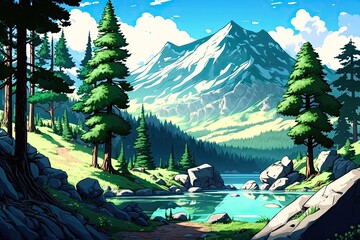 serene mountain lake surrounded by lush trees. Generative AI