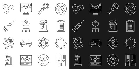 Set line Medical rubber gloves, Chemical formula, Clinical record, DNA research, search, Genetically modified food, Syringe, Cell division and Test tube flask stand icon. Vector