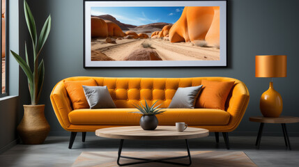 Generative ai illustration of Vivid orange sofa and art poster on stucco wall.