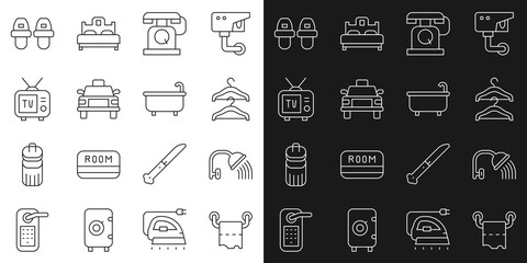 Set line Toilet paper roll, Shower head, Hanger wardrobe, Telephone handset, Taxi car, Retro tv, Hotel slippers and Bathtub icon. Vector