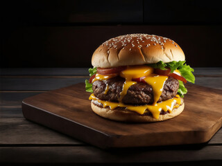 big burger on a wooden table. Digital painting illustration created with Generative AI technology.