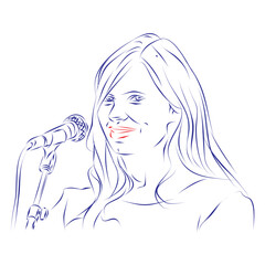 Continuous line drawing of a beautiful young woman with long hair singing at microphone. Hand drawn, vector illustration