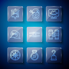 Set line Compass, Pirate hook, Location pirate, Rope tied in knot, flag and Binoculars icon. Vector