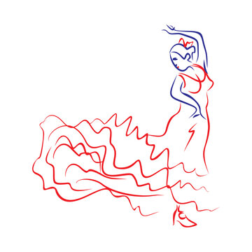 Continuous line drawing of a flamenco woman dancer. Hand drawn, vector illustration