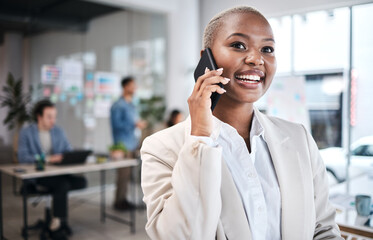 Excited, phone call and black woman in office for communication, conversation or chat. Smartphone,...