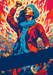 woman protesting with raised fist and copy space poster template design made with generative ai