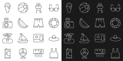 Set line Sleeveless T-shirt, Elegant women hat, Rubber swimming ring, Barbecue grill, Watermelon, Photo camera with flash, Ice cream waffle cone and Swimming trunks icon. Vector