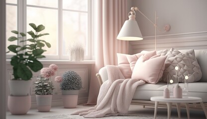 Boho cozy living room interior design bright wall Ai generative