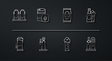 Set line Beer brewing process, tap, bottle and glass, Glass of beer, Metal keg, with and can icon. Vector