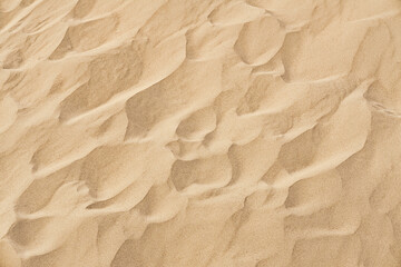 Fototapeta na wymiar Natural sand texture. Yellow sand on the beach. Wavy sand background for summer designs.