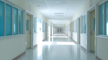 Obraz premium Long hospital corridor with rooms. image background of corridor in hospital or clinic