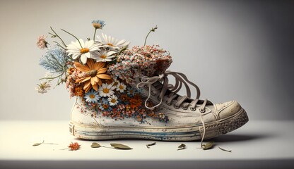 beautiful flowers in old sneaker Ai generative