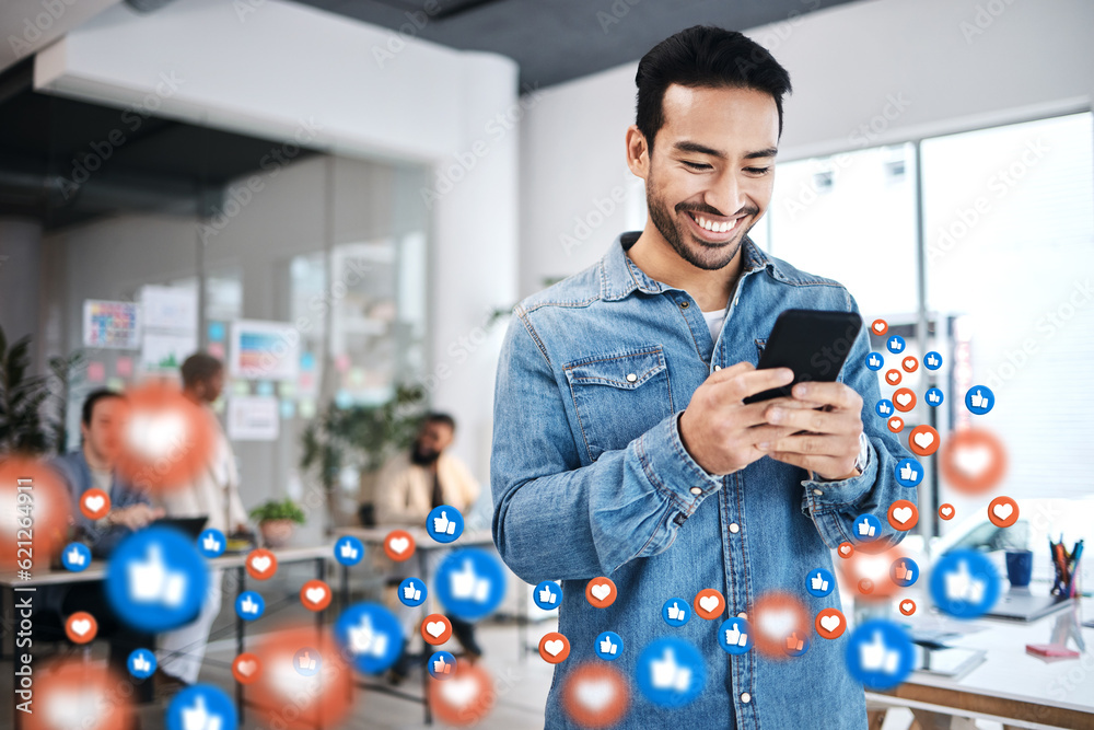 Leinwandbilder notification, phone and businessman on social media networking as communication with overlay or grap