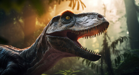 Velociraptor in the forest, realistic and detailed dinosaur portrait, cinematic colors, generative ai