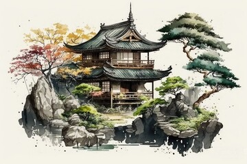 Obraz premium serene pagoda surrounded by lush trees in a watercolor painting. Generative AI