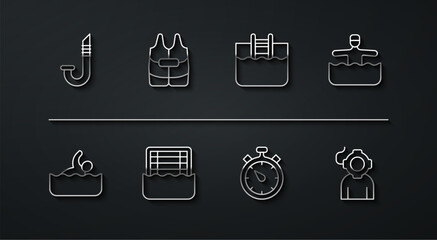 Set line Snorkel, Swimmer, Water gymnastics, Stopwatch, polo, Life jacket, Aqualung and Swimming pool with ladder icon. Vector