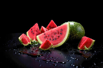 Watermelon resting on a dark surface, dotted with fresh water droplets. Generative AI