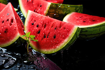 Watermelon resting on a dark surface, dotted with fresh water droplets. Generative AI