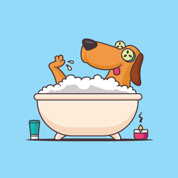 Funny image of a dog enjoying a relaxing bath in a spa vector cartoon illustration