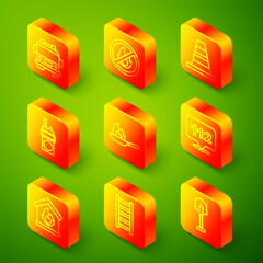 Set line Fire truck, No fire, Traffic cone, Walkie talkie, Pan with, Emergency call, in burning house and escape icon. Vector