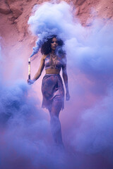 Obraz premium Generative AI illustration of attractive young woman in landscape with purple and blue smoke swirling around her from smoke bomb
