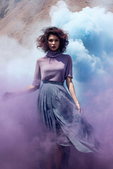 Fototapeta na wymiar Generative AI illustration of attractive young woman in landscape with purple and blue smoke swirling around her from smoke bomb