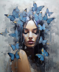 Generative AI illustration of moody emotional portrait of beautiful young woman surrounded by blue butterflies in evocative setting