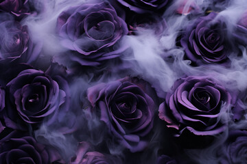 Fototapeta na wymiar close up pattern of dark purple roses with smoke for Halloween gothic background, AI generated