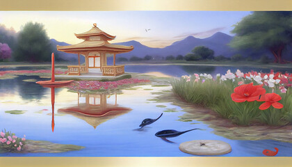 Obraz premium Generative AI japanese garden in spring